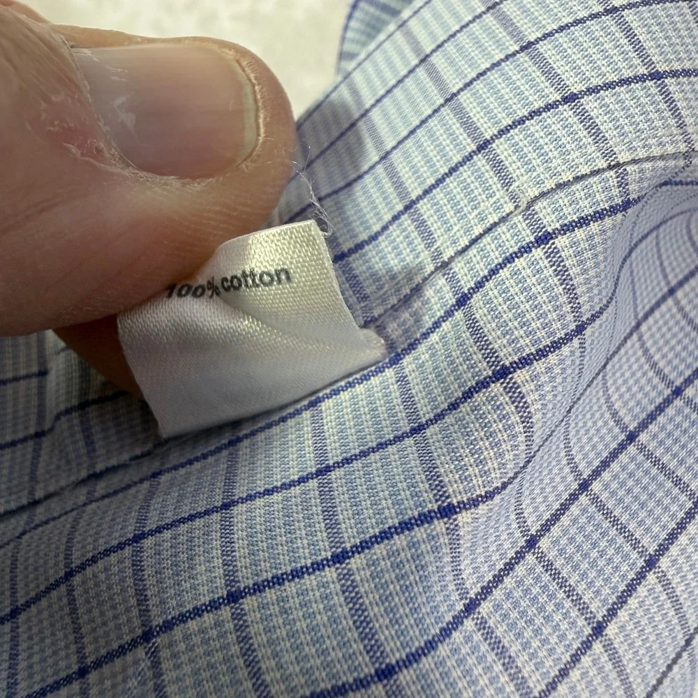 Paul Fredrick Button Down Shirt Mens 15.5 33 Blue Grid Check Long Sleeve Cotton